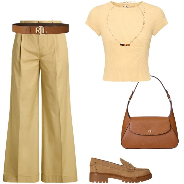 Outfit donna - Total look #2201517. Stile Casual per Ufficio. Abbinamento con borse a spalla, cinture, pantaloni, mocassini, collane, maglieria.