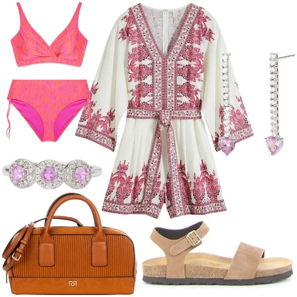 Outfit donna - Jumpsuit fluida da giorno Curvy. Stile Casual chic per Tutti i giorni. Abbinamento con tute, anelli, orecchini, borse a mano, bikini, sandali.