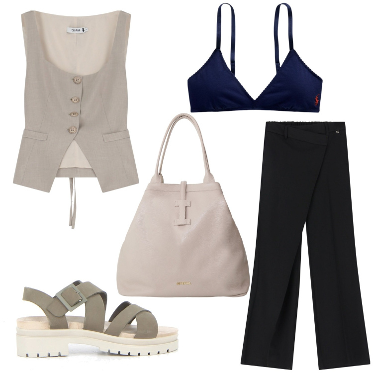 Outfit donna - Il gilet alla moda. Stile Sporty chic per Tutti i giorni. Abbinamento con gilet, pantaloni, borse tote, reggiseni, sandali.