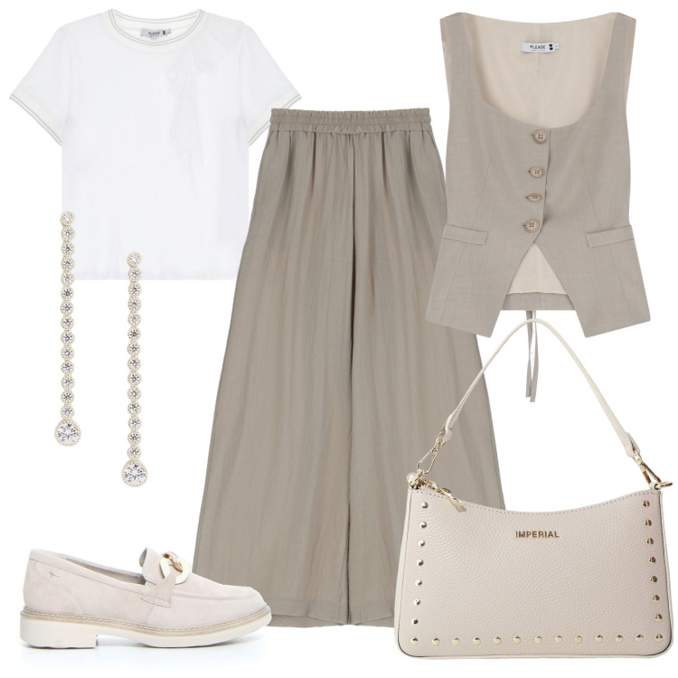 Outfit donna - Tendenza gilet coordinato. Stile Mannish per Ufficio. Abbinamento con pantaloni, gilet, t-shirt, borse a spalla, orecchini, mocassini.