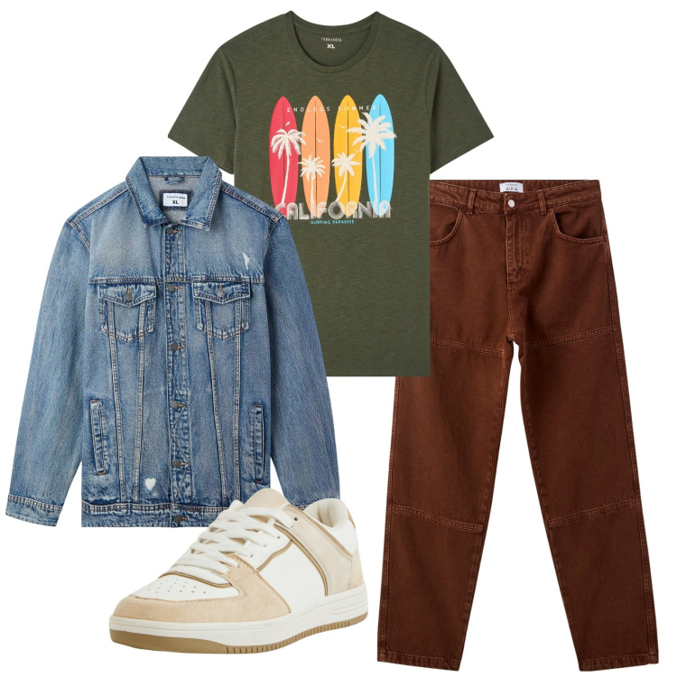Outfit uomo - Serata fresca. Stile Casual per Tutti i giorni. Abbinamento con pantaloni, t-shirt, giacche, sneakers.