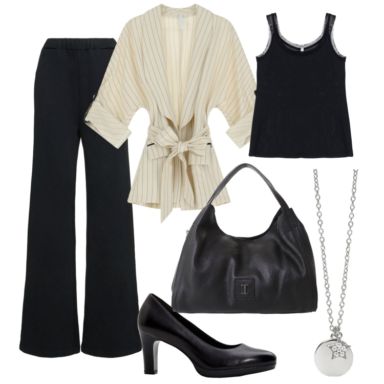 Outfit donna - In ufficio. Stile Casual per Ufficio. Abbinamento con décolleté, ciondoli, blazer, canottiere, pochette, pantaloni.