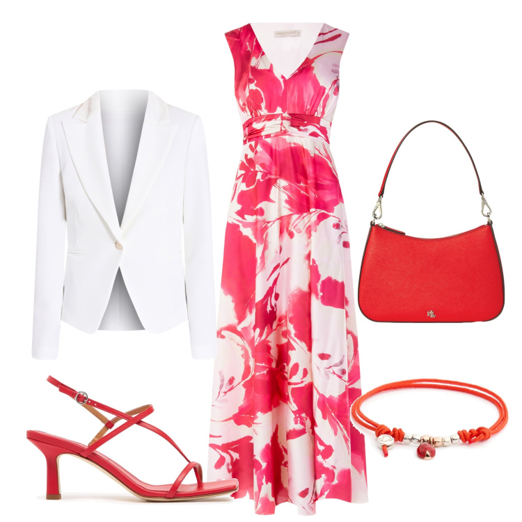 Outfit donna - L\'abito fantasia. Stile Chic per Cerimonia. Abbinamento con blazer, vestiti lunghi, borse a spalla, braccialetti, sandali in pelle.