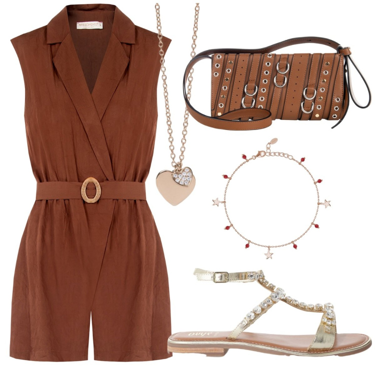 Outfit donna - Total look #2201548. Abbinamento con tuta corta, borse a spalla, ciondoli, braccialetti con ciondoli, sandali.