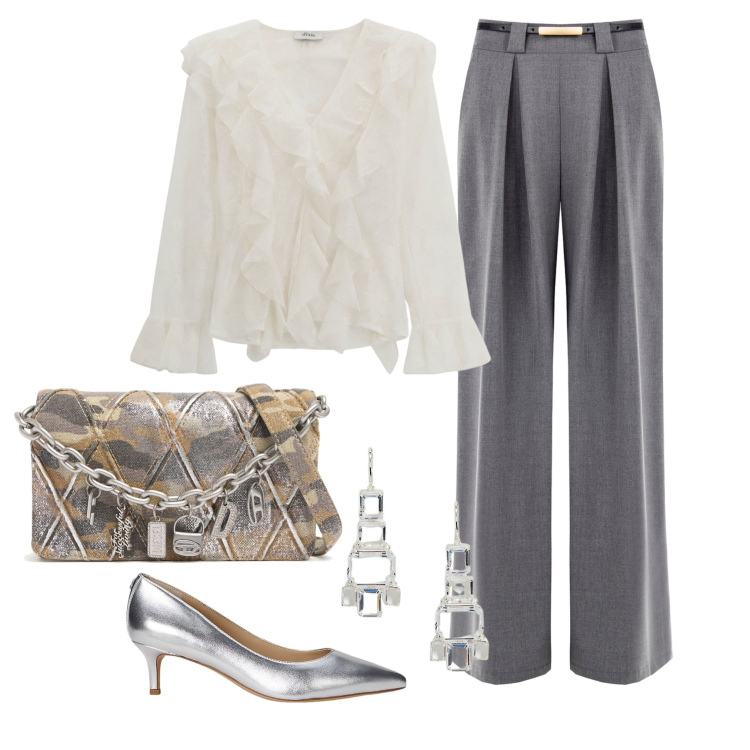 Outfit donna - Un tocco elegante. Stile Bon Ton per Serata fuori. Abbinamento con pantaloni a palazzo, camicie, décolleté, orecchini, pochette.