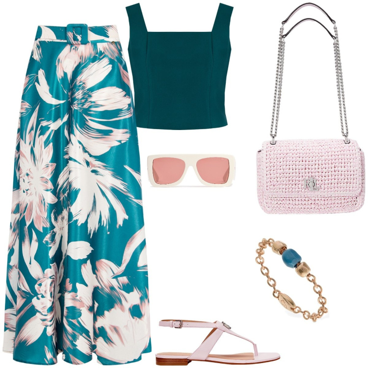 Outfit donna - Giorno e sera. Stile Bon Ton per Tutti i giorni. Abbinamento con top, gonne, borse a spalla, sandali in pelle, anelli, occhiali da sole.
