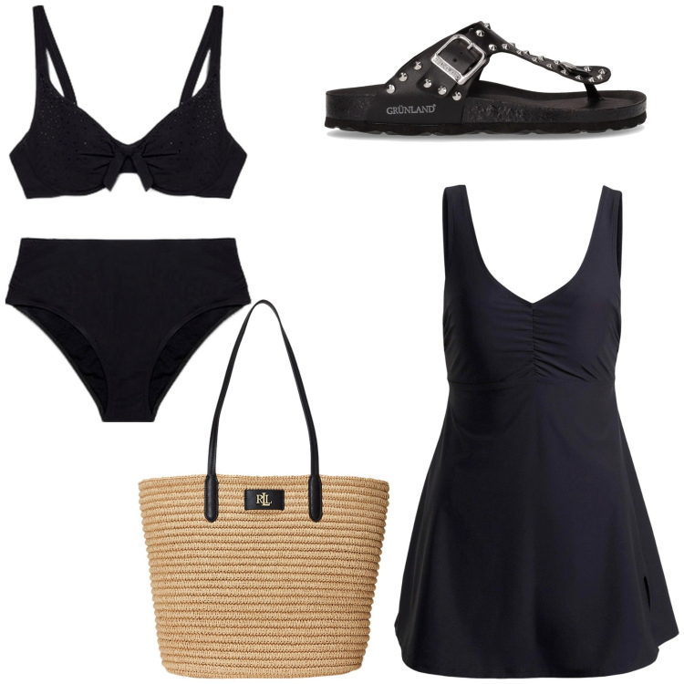 Outfit donna - Essenziale in spiaggia. Stile Chic per Mare. Abbinamento con vestiti da spiaggia, borse tote, bikini, infradito.