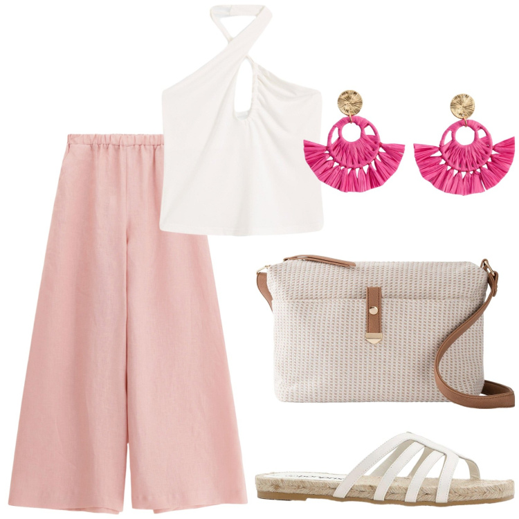 Outfit donna - Total look #2201566. Stile Boho per Tutti i giorni. Abbinamento con orecchini, ciabatte, top, borse a tracolla, pantaloni.
