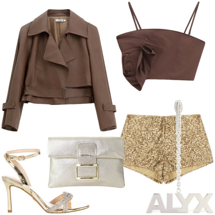 Outfit donna - Serata disco. Stile Sexy per Serata fuori. Abbinamento con sandali col tacco, blazer, top, shorts, pochette, orecchini.