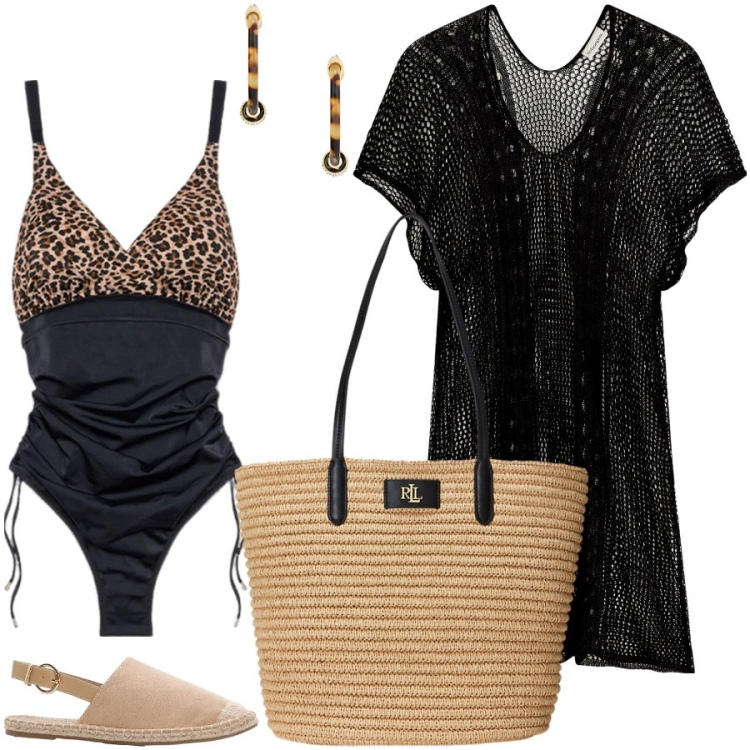 Outfit donna - Con una parte animalier. Stile Glamour per Mare. Abbinamento con vestiti da spiaggia, espadrillas, borse tote, orecchini, costumi interi.