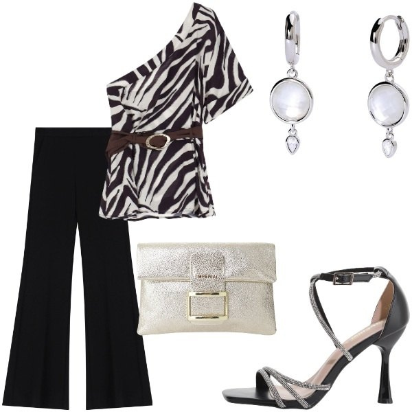 Outfit donna - A cena fuori. Stile Glamour per Serata fuori. Abbinamento con orecchini, top, sandali col tacco, pantaloni, pochette.