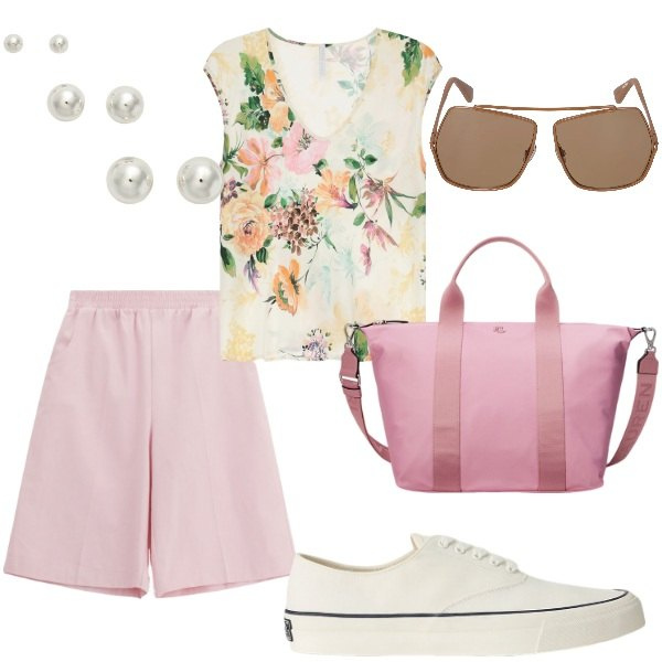 Outfit donna - Outifit di luglio. Stile Casual per Tutti i giorni. Abbinamento con shorts, top, orecchini, sneakers, borse tote, occhiali da sole.