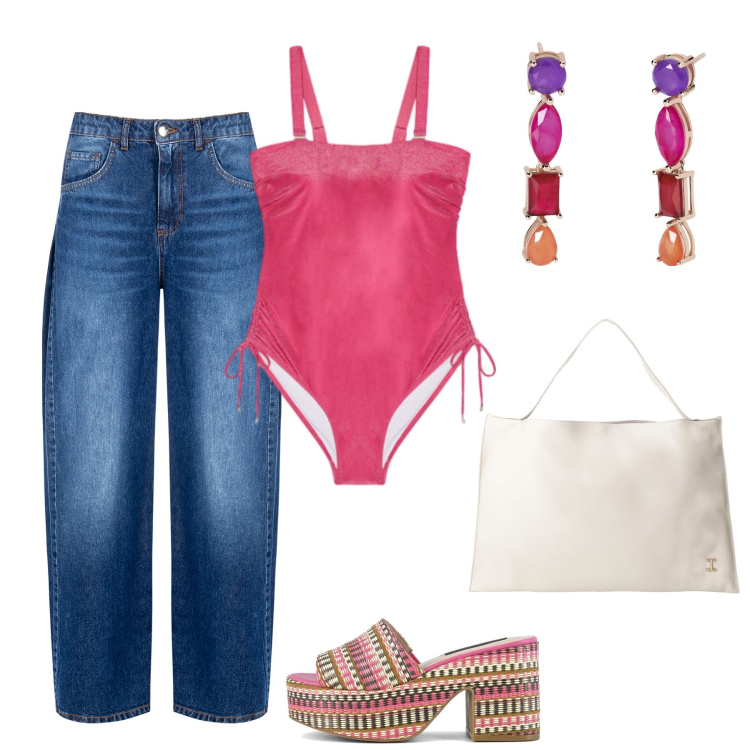 Outfit donna - Total look #2201585. Stile Casual chic per Mare. Abbinamento con orecchini, jeans, borse a spalla, costumi interi, zeppe.