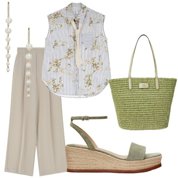 Outfit donna - Serata tra amici. Stile Casual chic per Serata fuori. Abbinamento con pantaloni, camicie, zeppe, orecchini, borse tote.