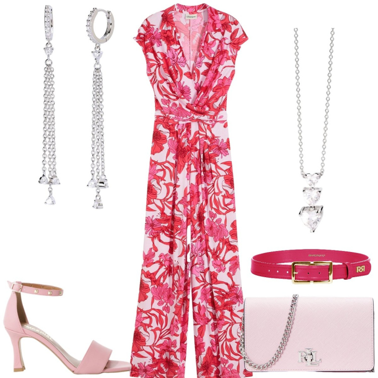 Outfit donna - Pranzo con amici. Stile Chic per Tutti i giorni. Abbinamento con tute, orecchini, collane, cinture, sandali col tacco, borse a tracolla.