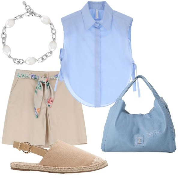 Outfit donna - Serata tra amici. Stile Casual chic per Serata fuori. Abbinamento con espadrillas, braccialetti, shorts, camicie, pochette.