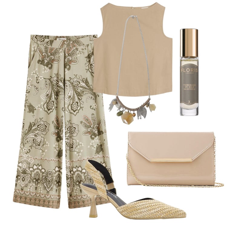 Outfit donna - Pantaloni 7/8 paisley di sera. Stile Chic per Serata fuori. Abbinamento con pantaloni, top, décolleté, pochette, profumi, collane.