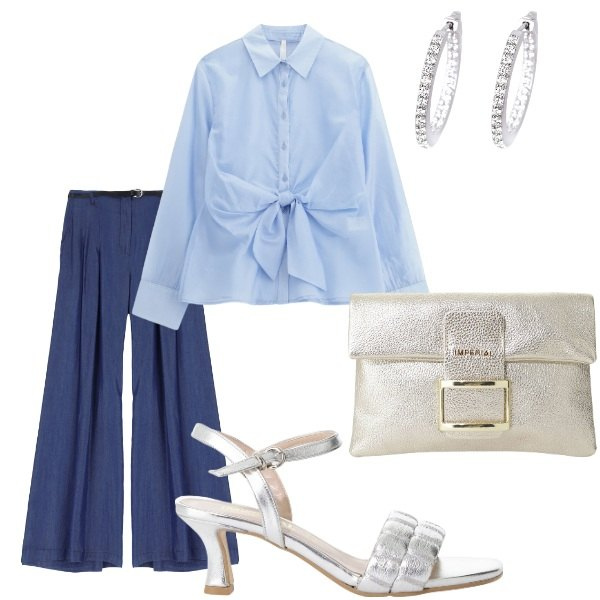 Outfit donna - Cerimonia tra intimi. Stile Glamour per Serata fuori. Abbinamento con orecchini, sandali col tacco, camicie, pantaloni, pochette.