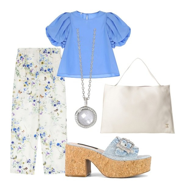 Outfit donna - Le serate di Luglio. Stile Casual chic per Serata fuori. Abbinamento con collane, bluse, pantaloni, borse a spalla, sandali.