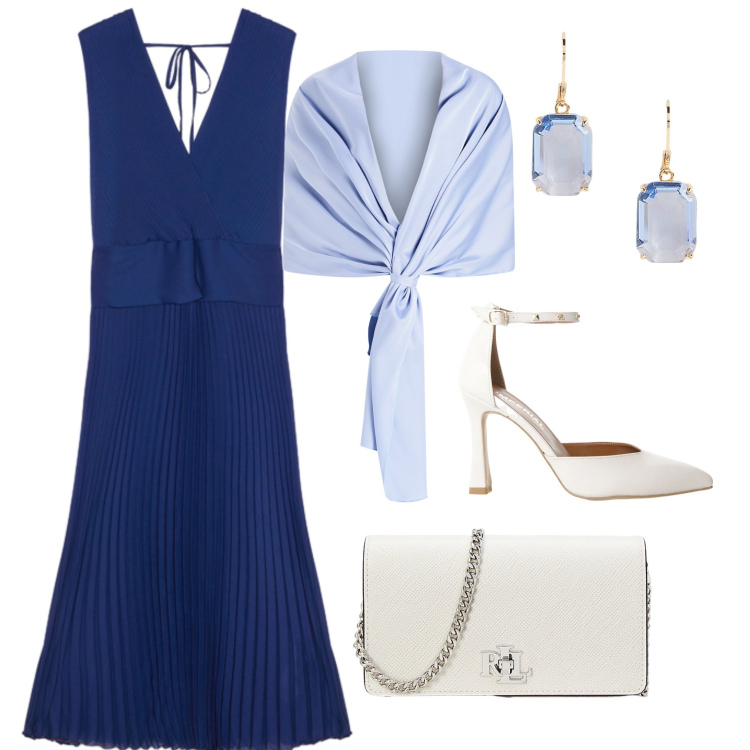 Outfit donna - Classica in blu. Stile Chic per Serata fuori. Abbinamento con stole, décolleté, orecchini, borse a tracolla, vestiti lunghi.