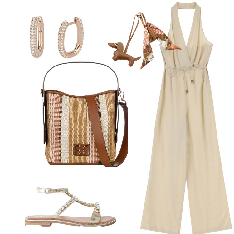 Outfit donna - La tuta color sabbia. Stile Casual chic per Tutti i giorni. Abbinamento con orecchini, borse a secchiello, tute, portachiavi, sandali.