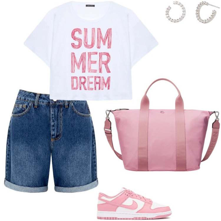 Outfit donna - La t-shirt Summer. Stile Casual per Tutti i giorni. Abbinamento con orecchini, shorts, borse tote, t-shirt, sneakers.