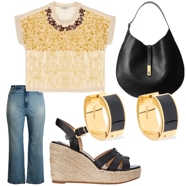 Outfit donna - Amati. Abbinamento con t-shirt, borse a spalla, jeans, espadrillas, orecchini.
