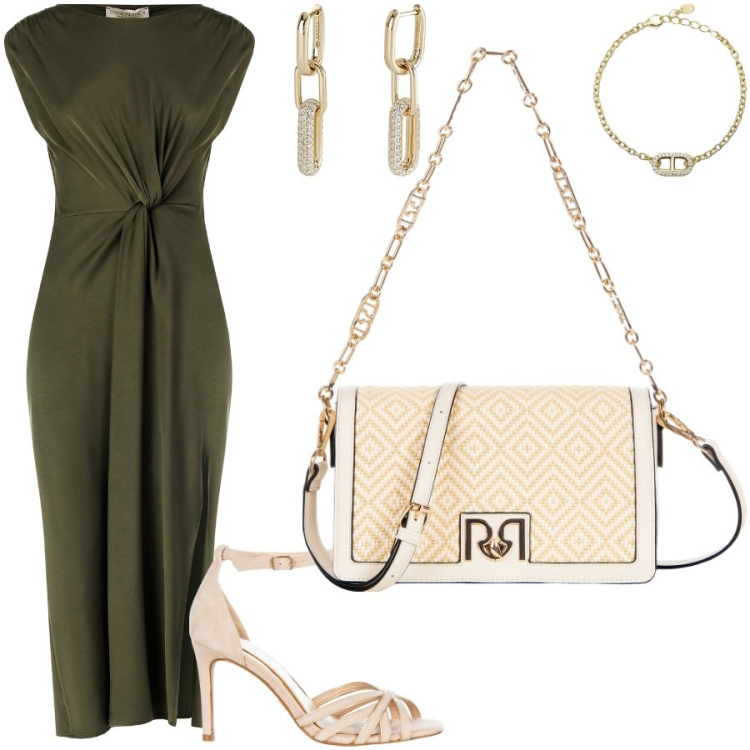 Outfit donna - Festa di laurea. Stile Chic per Serata fuori. Abbinamento con orecchini, braccialetti, vestiti midi/longuette, sandali col tacco, borse a tracolla.