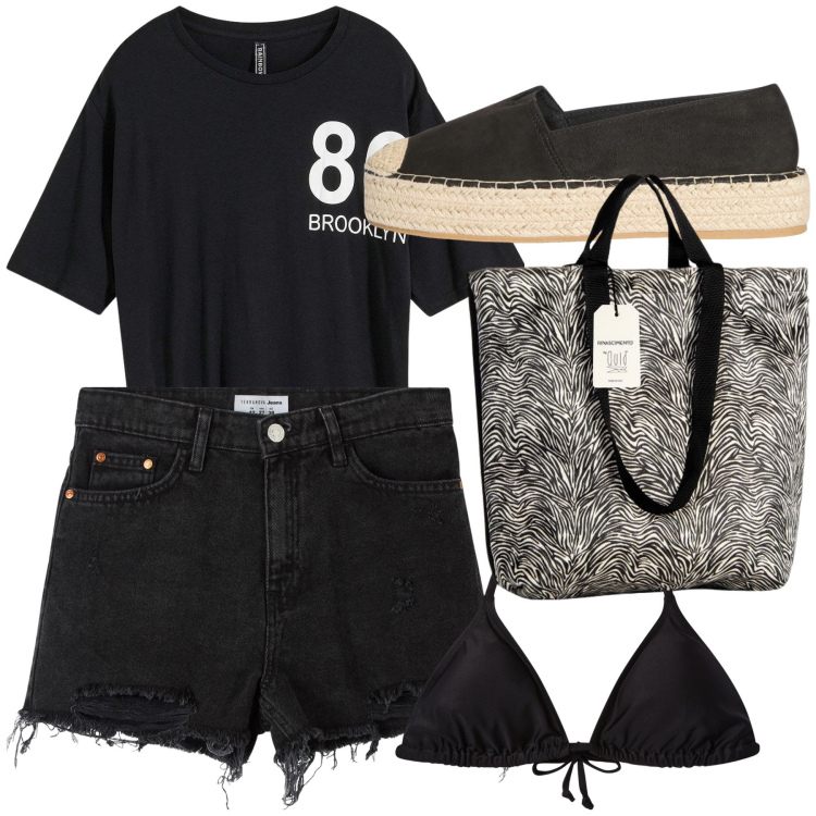Outfit donna - Mattinata al mare. Stile Basic per Mare. Abbinamento con maglieria, shorts, espadrillas, bikini, borse tote.