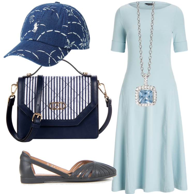 Outfit donna - Pomeriggio a passeggio in centro. Stile Urban per Tutti i giorni. Abbinamento con collane, borse a mano, vestiti, cappelli, ballerine.