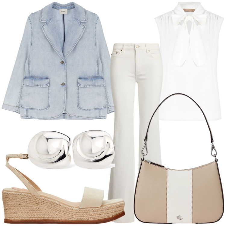 Outfit donna - Blazer per l ufficio estivo. Stile Bon Ton per Ufficio. Abbinamento con top, blazer, jeans, borse a spalla, espadrillas, orecchini.