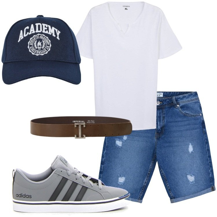 Outfit uomo - Basic. Stile Casual per Tutti i giorni. Abbinamento con cappelli con visiera, bermuda, t-shirt, cinture, sneakers.