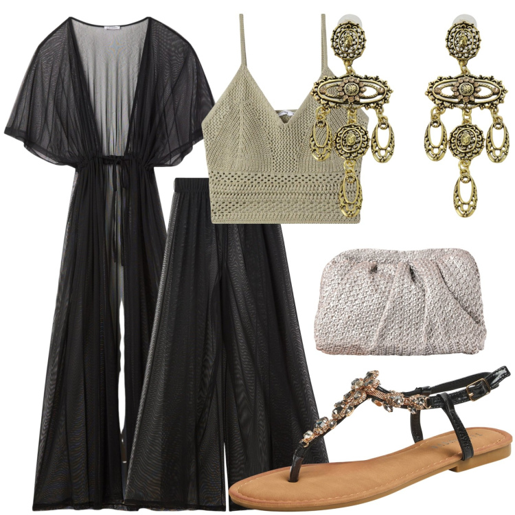 Outfit donna - Sere d\'oriente. Stile Glamour per Serata fuori. Abbinamento con orecchini, sandali gioiello, caftani, top, pantaloni a palazzo, clutch.
