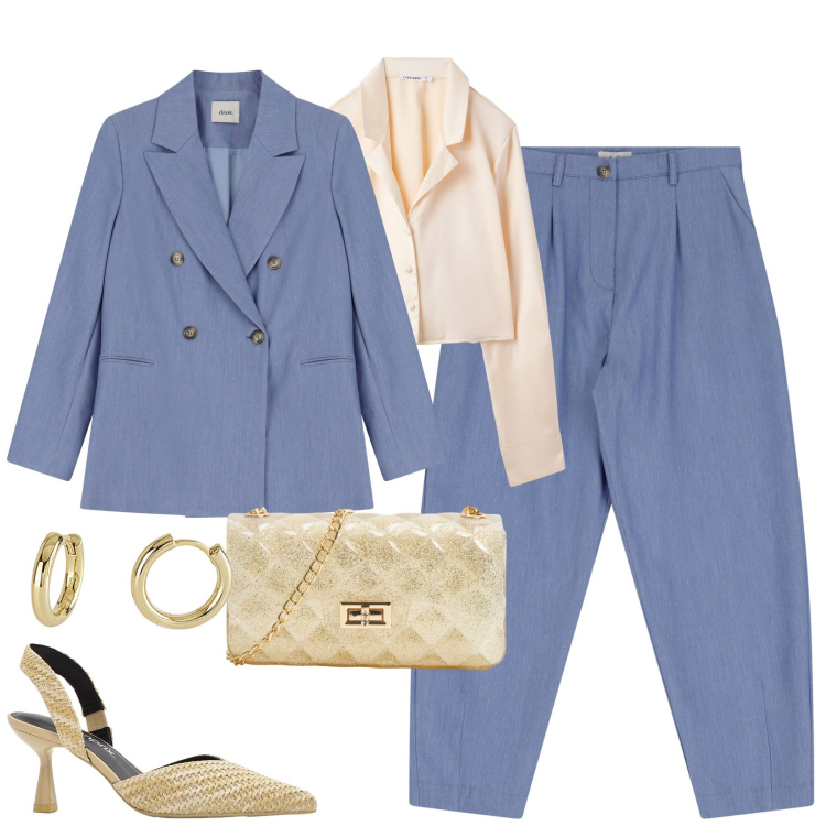 Outfit donna - In ufficio. Stile Casual chic per Ufficio. Abbinamento con décolleté, camicie, borse a tracolla, orecchini, pantaloni, blazer.
