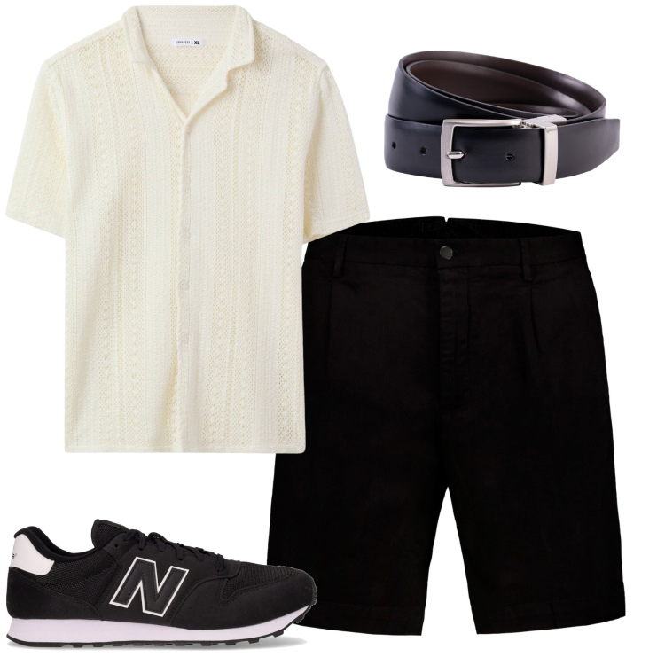 Outfit uomo - Luglio in città. Stile Urban per Tutti i giorni. Abbinamento con camicie a manica corta, cinture, bermuda, sneakers.