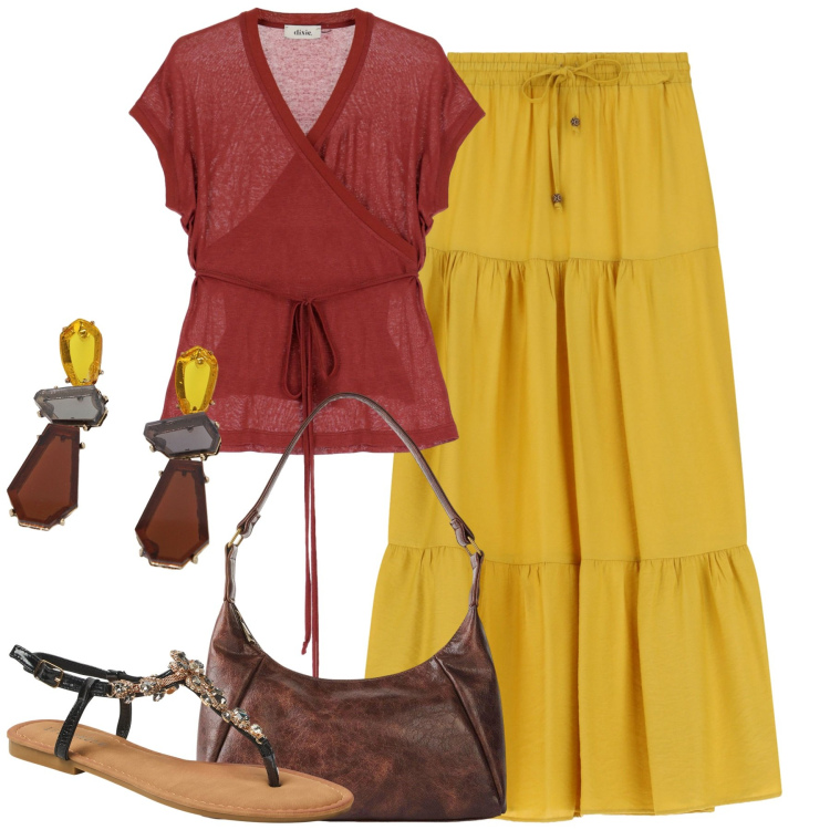 Outfit donna - Boho luglio. Stile Boho per Tutti i giorni. Abbinamento con borse a mano, sandali gioiello, orecchini, top, gonne lunghe.