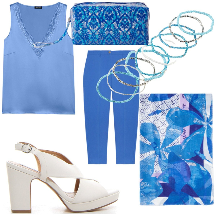 Outfit donna - I colori del cielo e del mare. Stile Casual chic per Serata fuori. Abbinamento con braccialetti, pochette, stole, top, pantaloni chino, sandali col tacco.