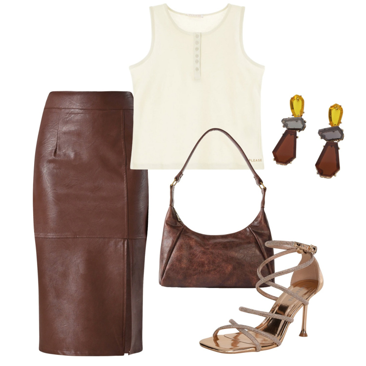 Outfit donna - Color cuoio. Stile Casual per Tutti i giorni. Abbinamento con borse a mano, sandali col tacco, gonne longuette, canottiere, orecchini.