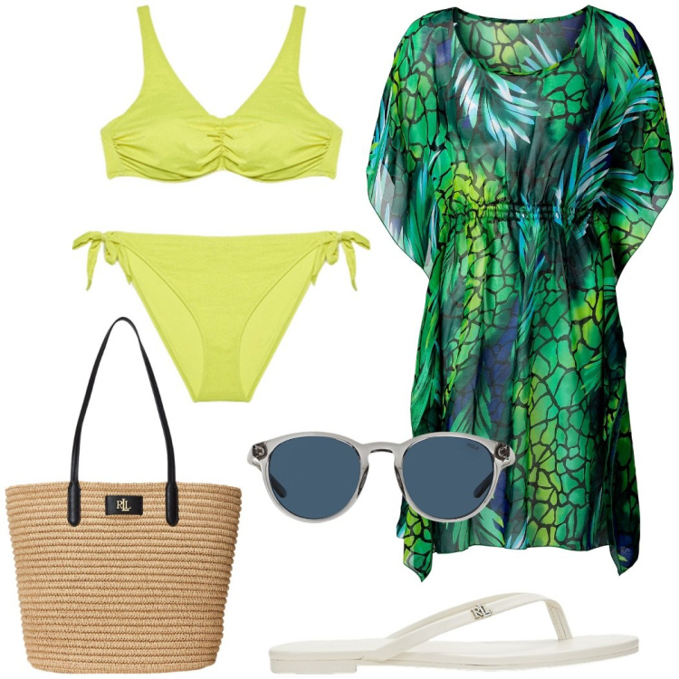 Outfit donna - Bikini verde lime. Stile Glamour per Mare. Abbinamento con vestiti da spiaggia, occhiali da sole, borse tote, ciabatte, bikini.
