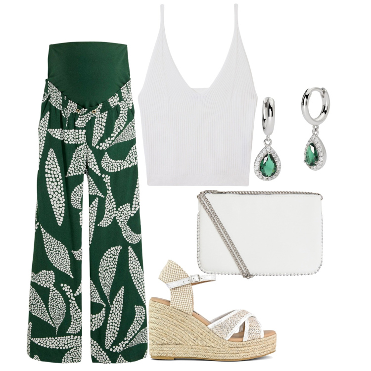 Outfit donna - Brunch al lago. Stile Minimal per Tutti i giorni. Abbinamento con pantaloni, top, borse a tracolla, orecchini, zeppe.