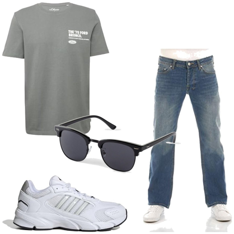 Outfit homme - Casual #11437. Style Casual pour Tous les jours. Assortir avec lunettes de soleil, jean bootcut, sneakers, t-shirts.