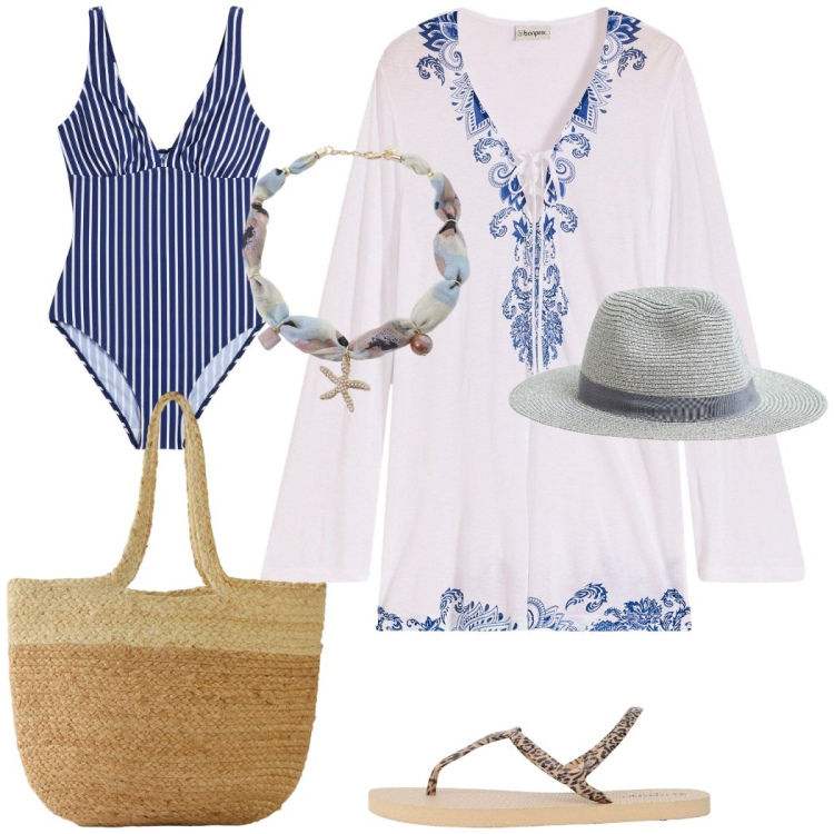 Outfit donna - A righe. Stile Trendy per Mare. Abbinamento con costumi interi, vestiti da spiaggia, shopping bag, cappelli, ciabatte, collane.