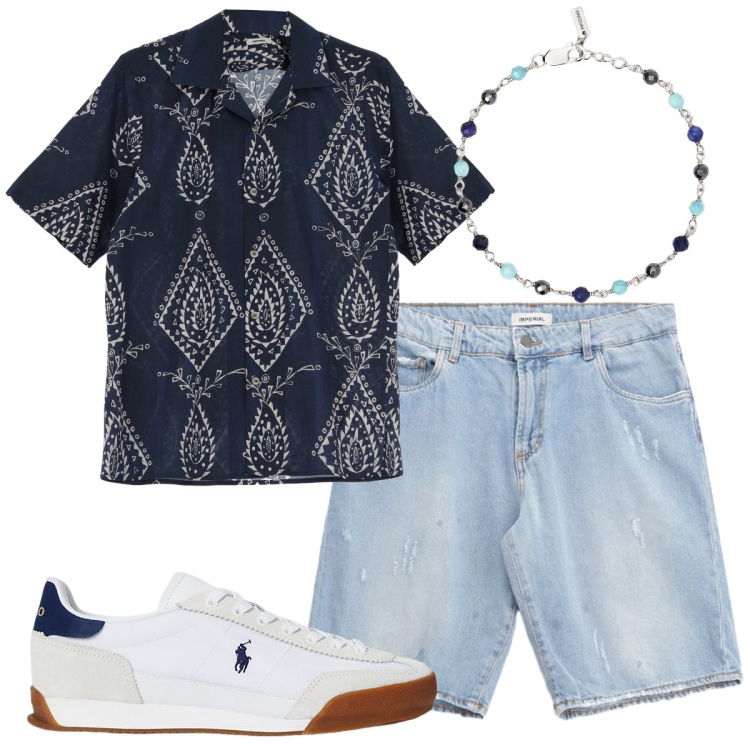 Outfit uomo - Sfumature denim. Stile Casual per Tutti i giorni. Abbinamento con braccialetti, bermuda, camicie a manica corta, sneakers.