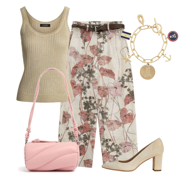 Outfit donna - Qualche fiore. Stile Romantica per Tutti i giorni. Abbinamento con pantaloni, décolleté, braccialetti con ciondoli, canottiere, borse a spalla.