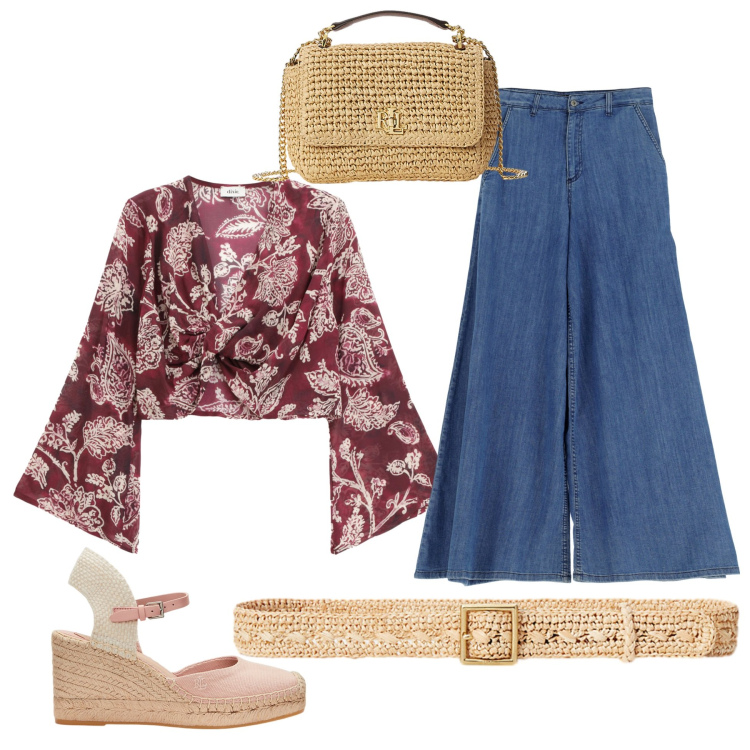 Outfit donna - Gipsy. Stile Boho per Tutti i giorni. Abbinamento con jeans, top, espadrillas, borse a spalla, cinture.