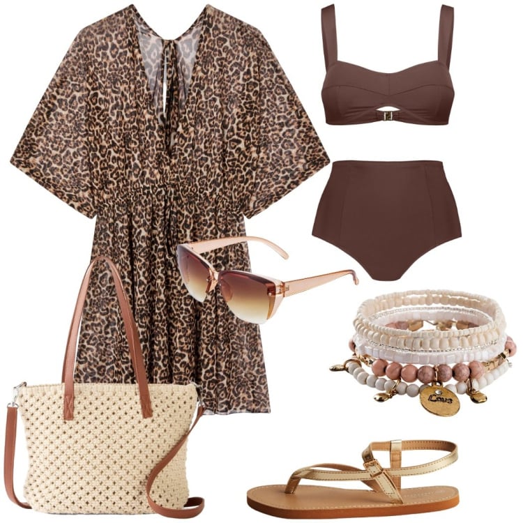 Outfit donna - Stile etnico. Stile Etnico per Mare. Abbinamento con borse a mano, braccialetti, occhiali da sole, vestiti da spiaggia, ciabatte, bikini.