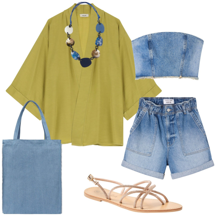Outfit donna - Serata estiva. Stile Casual chic per Serata fuori. Abbinamento con shorts, top, sandali, borse tote, blazer, collane.