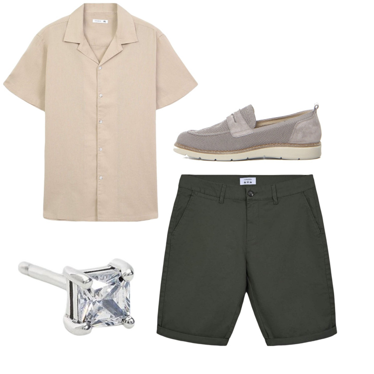 Outfit uomo - Casual mood. Stile Casual per Tutti i giorni. Abbinamento con camicie a manica corta, bermuda, orecchini, scarpe stringate.