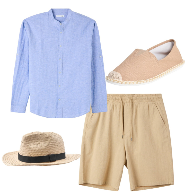 Outfit uomo - In vacanza. Stile Casual per Tutti i giorni. Abbinamento con espadrillas, camicie, pantaloni corti, cappelli.