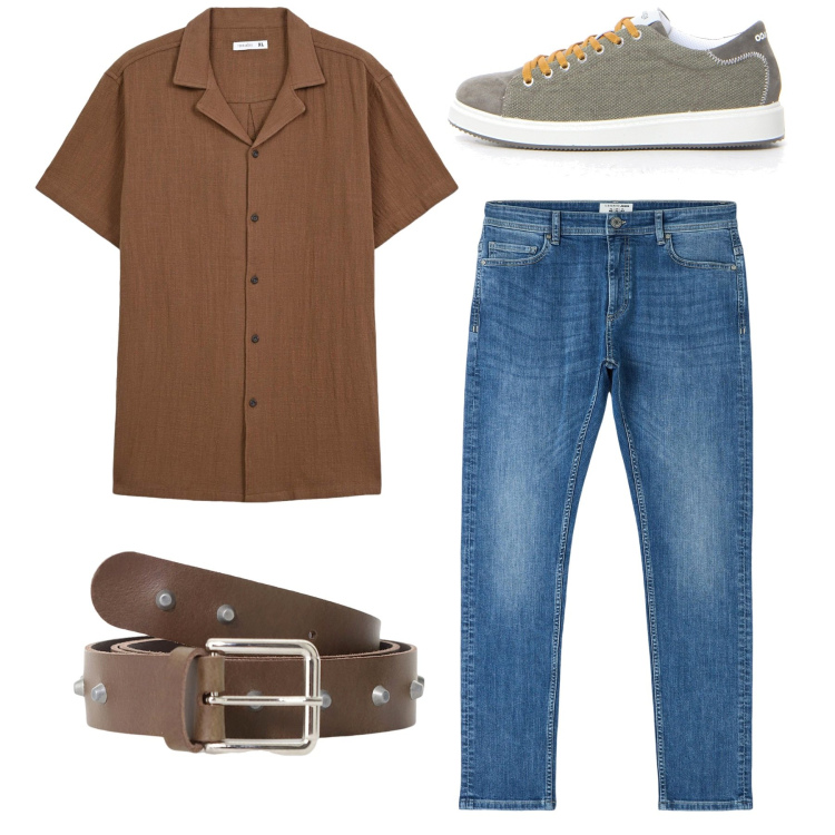 Outfit uomo - La camicia moka. Stile Casual per Tutti i giorni. Abbinamento con camicie a manica corta, jeans skinny, cinture, sneakers.